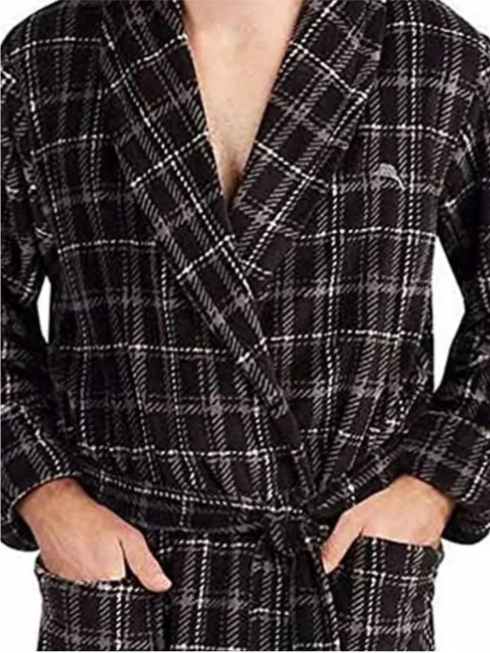 Tommy Bahama Mens Fleece Robe Small Medium Black Gray Plaid Luxury Bathrobe